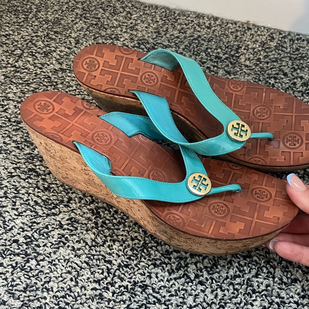 TORY BURCH Thora Wedges Teal Leather Straps Summer Women’s 9 (J) - Picture 1 of 6